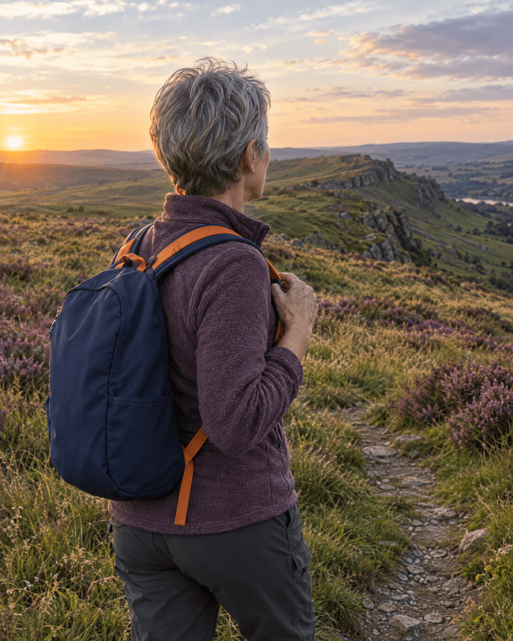A woman with short grey hair adjusts the strap of a navy daypack on a hill path at golden hour, with a long rocky ridge in the distance.