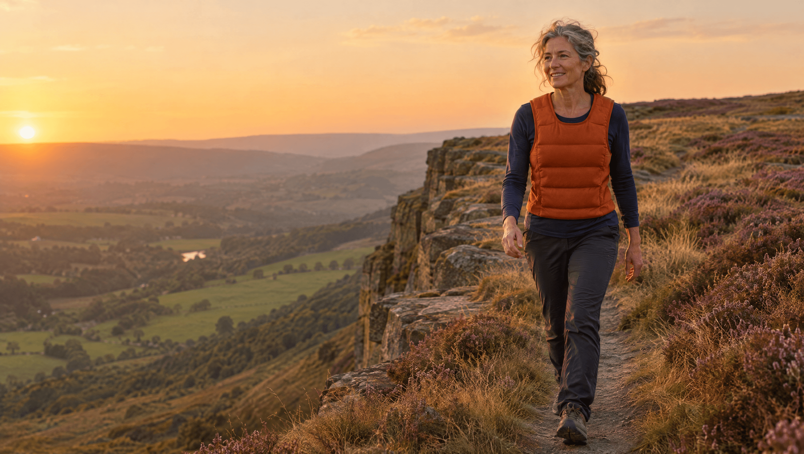 A woman walks a footpath along the top of a rocky ridge at golden hour, wearing an orange weighted vest over a navy top.