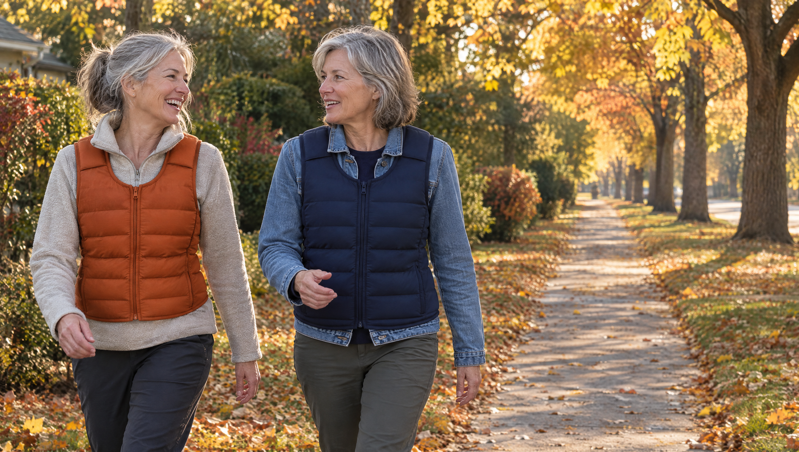 Two friends laugh mid-conversation on a leafy sidewalk in autumn, one in an orange weighted vest and one in navy.